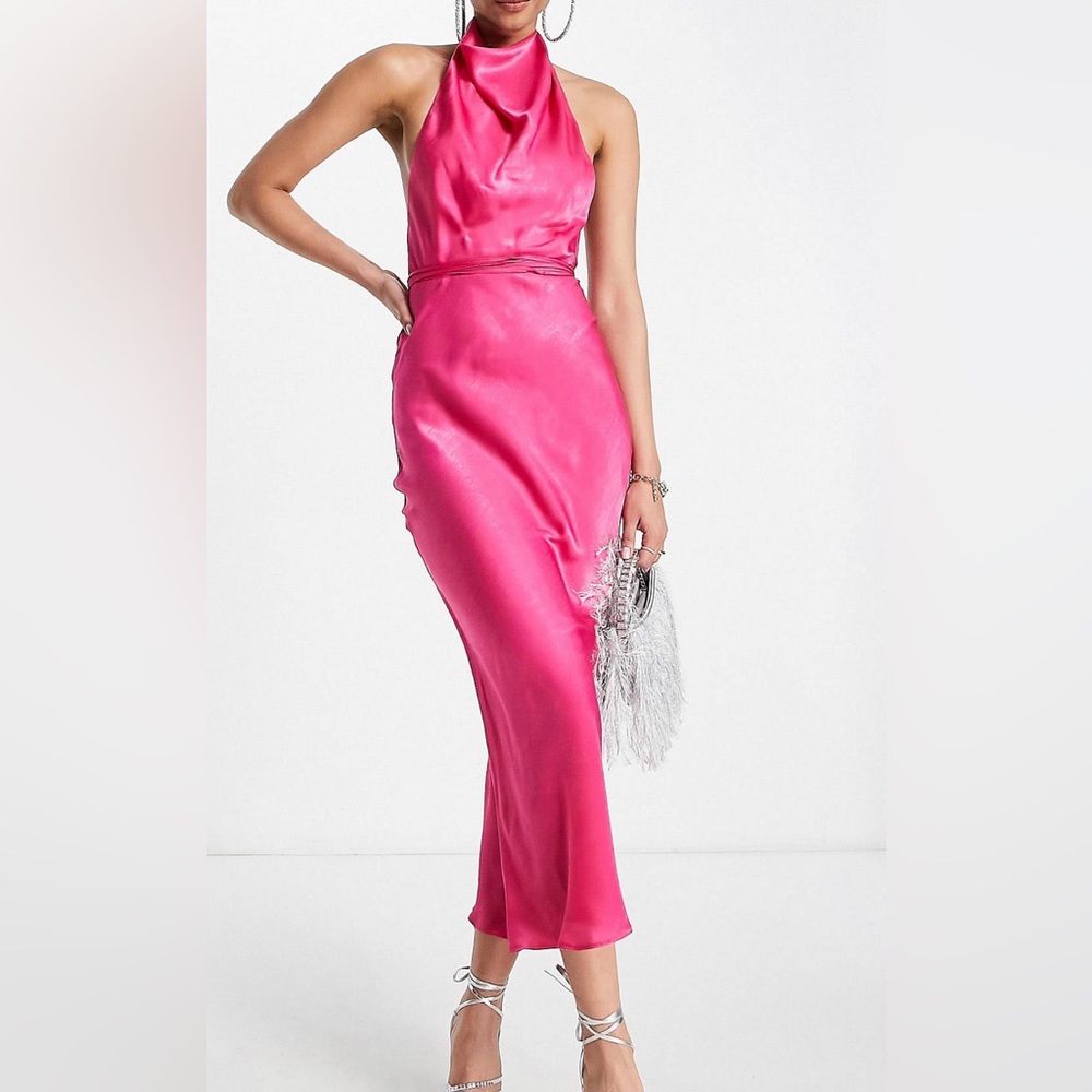 ASOS Design cowl neck halter midi with tie wrap waist in bright pink - Size 8